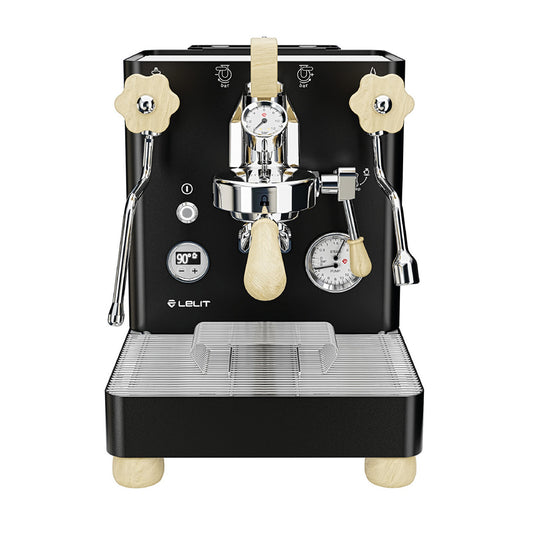 Black espresso machine with chrome accents on a white background