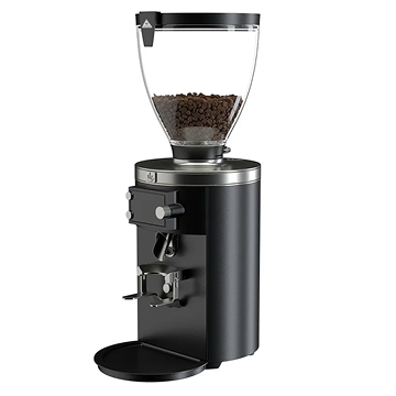 Black coffee grinder with a clear container of ground coffee on a white background