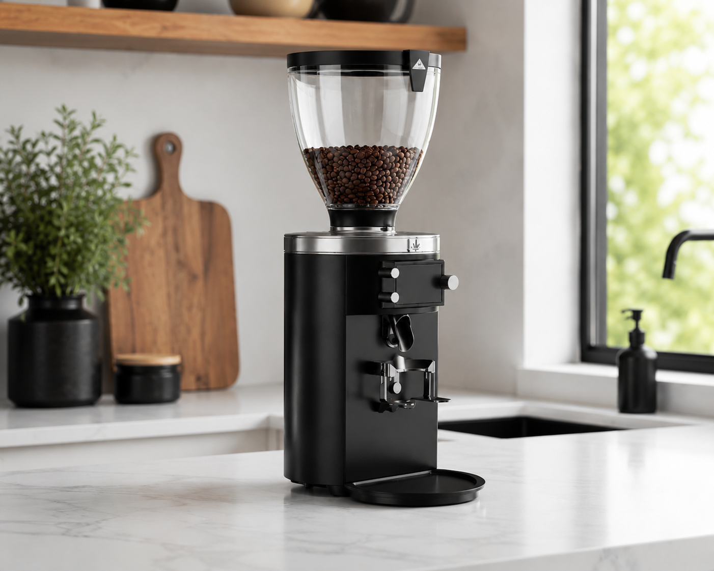 Black coffee grinder with coffee beans on a kitchen counter