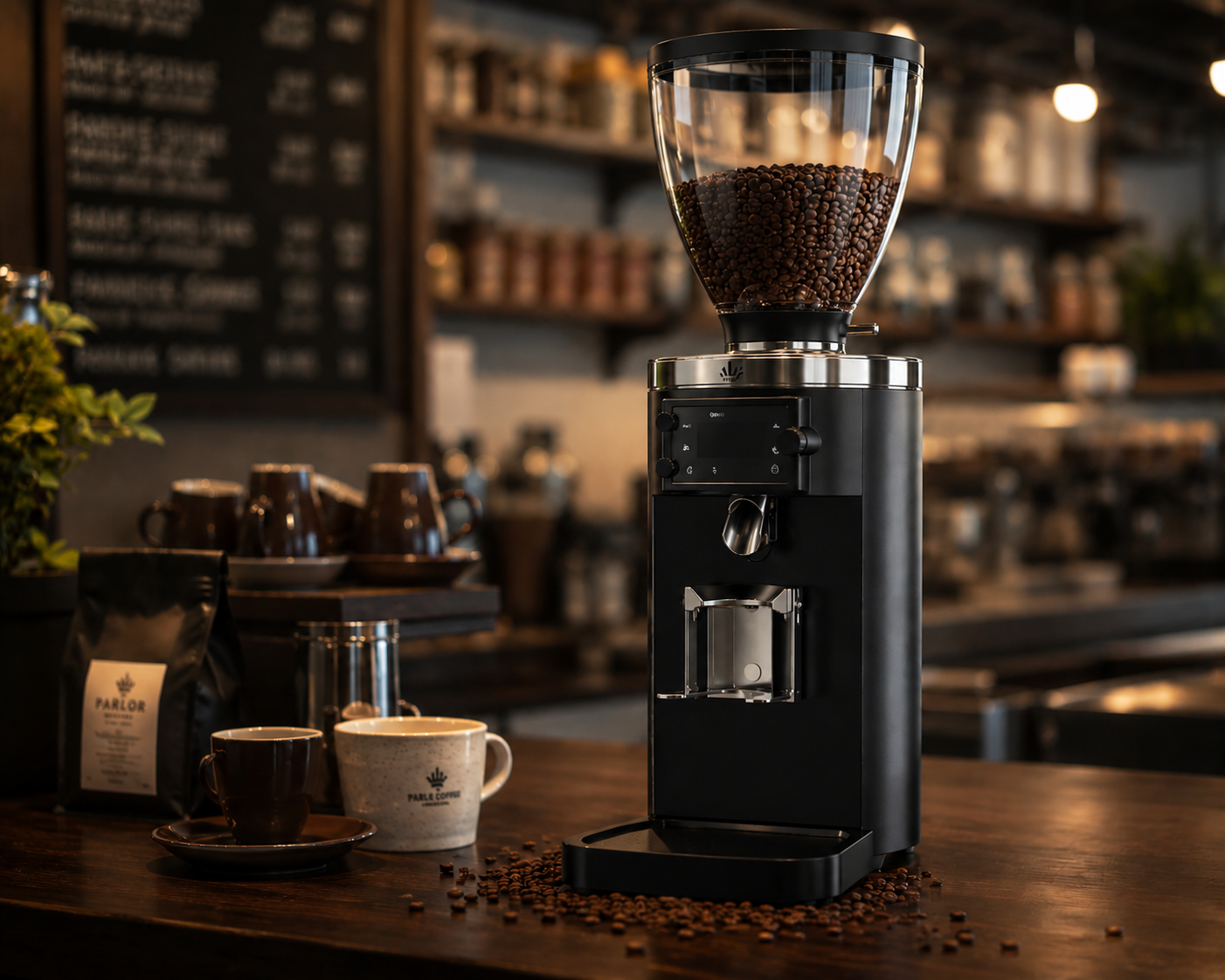 Coffee grinder on a counter with coffee beans and cups in a coffee shop setting