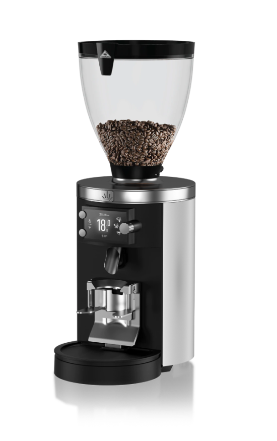 Coffee grinder with a clear container of coffee beans on a white background