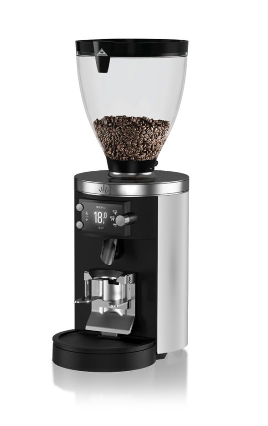 Coffee grinder with a clear container of coffee beans on a white background